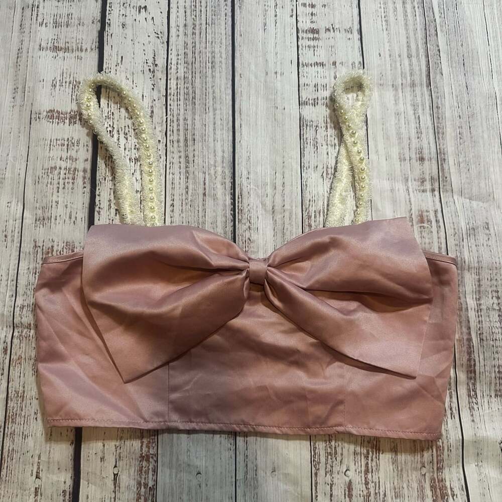 Pink Satin Bow Front Crop Top with Pearl Beaded Straps-S